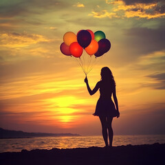 A silhouette of a girl holding colorful balloons against a vibrant sunset sky over the ocean, creating a serene and joyful atmosphere.
