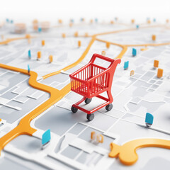 Map 3d and supermarket trolley with shopping background icon location 3d map shopping