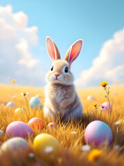 Fluffy easter bunny on a yellow field