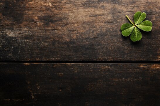 Green Clover Leaf on Dark Wooden Background