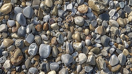 A close up of a beach of smooth, rounded stones in various shades of brown, gray, and white.
