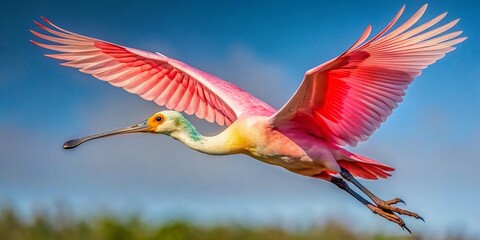 Obraz premium Aerial Roseate Spoonbill Flight, Stunning Wildlife Photography, Bird in Motion