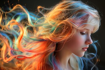 Fototapeta premium A young girl with vibrant, multicolored hair and a serene expression poses in soft, natural light, creating an artistic, dreamy ambiance
