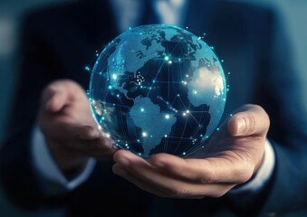 Innovative Businessman Holding Digital Globe Representing Global Connectivity, Technology Advancement, and Data Exchange in a Modern World