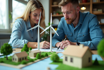 Engineers designing models of turbines, solar panels, and clean energy, discussing a clean energy city planning project with building models, green energy, energy transition