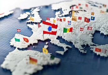 3D Map of Europe Featuring Flags of European Countries, Vibrant Colors and Intricate Details,...