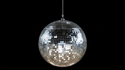 A silver disco ball hanging from a ceiling