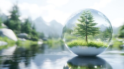 A small, elegant fir tree is preserved inside a glass ball, nestled in a tranquil snowy forest setting.