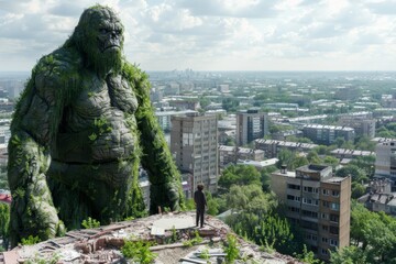 Obraz premium A colossal green figure towers over a desolate urban landscape, showcasing nature reclaiming abandoned buildings in a post-apocalyptic setting