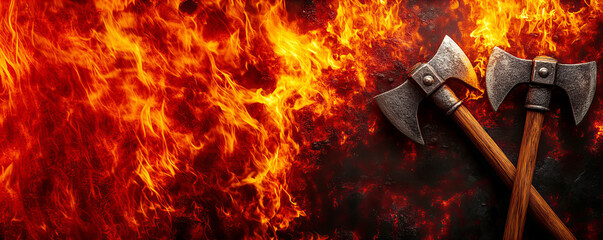 Fototapeta premium Firefighters day tribute: crossed axes with intense flames for poster design