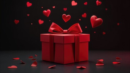 A red gift box with a big bow sits on a dark background with red hearts floating around it. Concept of romantic Valentine's Day gift.