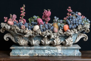 Obraz premium A detailed still life arrangement of colorful fruit and flowers in a decorative stone bowl set against a dark background