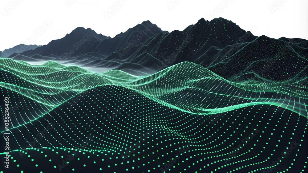Poster abstract black dark background with green dots and lines, a wave pattern on the surface of mountains
