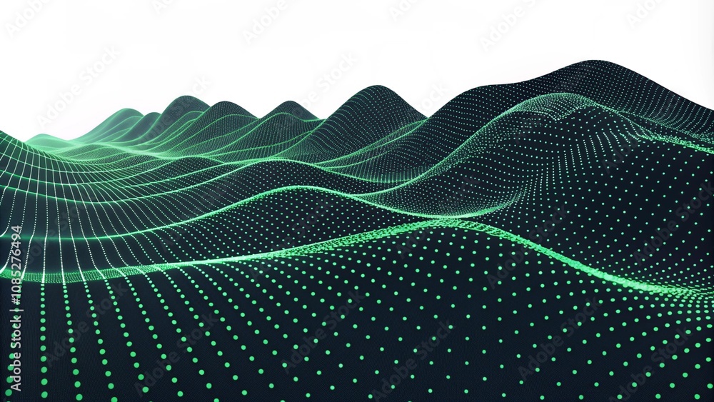 Poster abstract black dark background with green dots and lines, a wave pattern on the surface of mountains