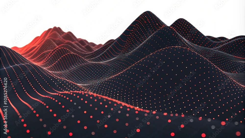 Poster abstract black dark background with red dots and lines, a wave pattern on the surface of mountains, 