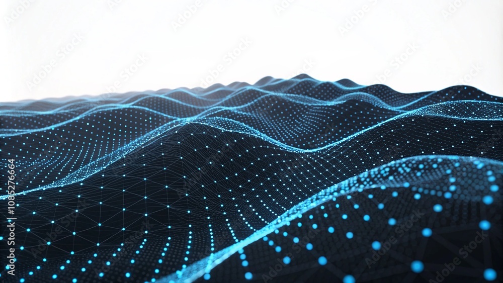 Poster abstract black dark background with blue dots and lines, a wave pattern on the surface of mountains,