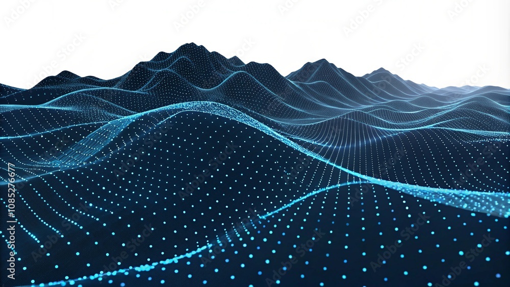Poster abstract black dark background with blue dots and lines, a wave pattern on the surface of mountains,
