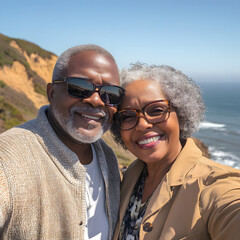 A joyful couple poses for a selfie against a scenic ocean backdrop, showcasing love and happiness while enjoying a sunny day outdoors.