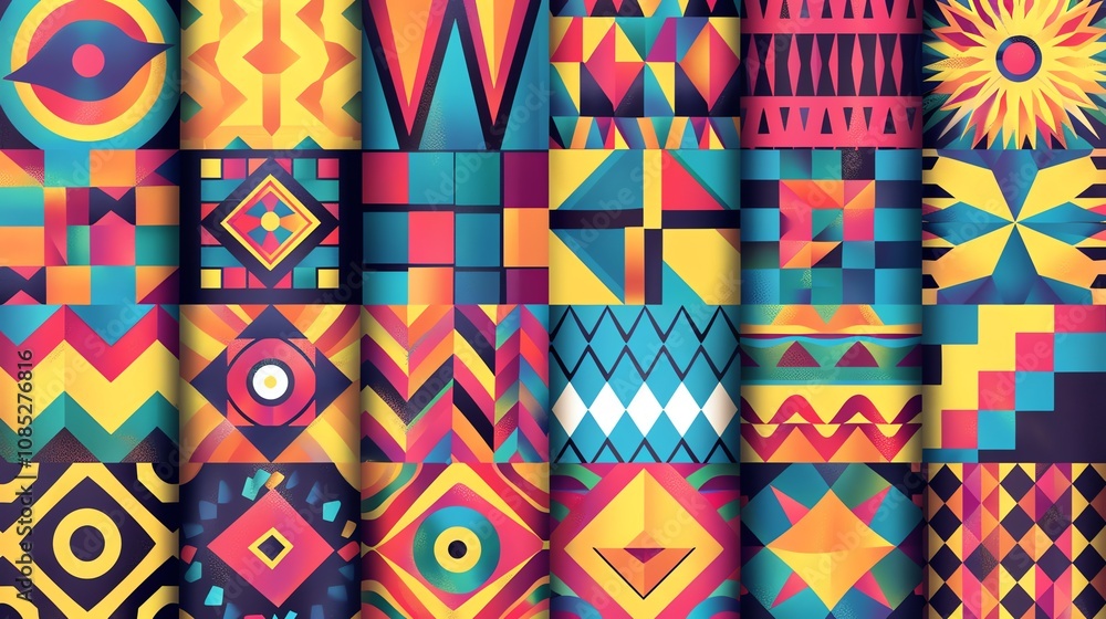 Aufkleber a collection of colorful geometric patterns in a patchwork design.