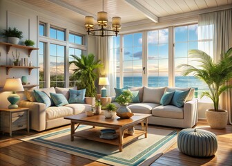 Fototapeta premium Coastal Style Living Room in Low Light with Breezy Decor - Photorealistic 3D Render of Serene Interiors, Nautical Elements, and Relaxing Ambiance for Coastal Living Inspiration