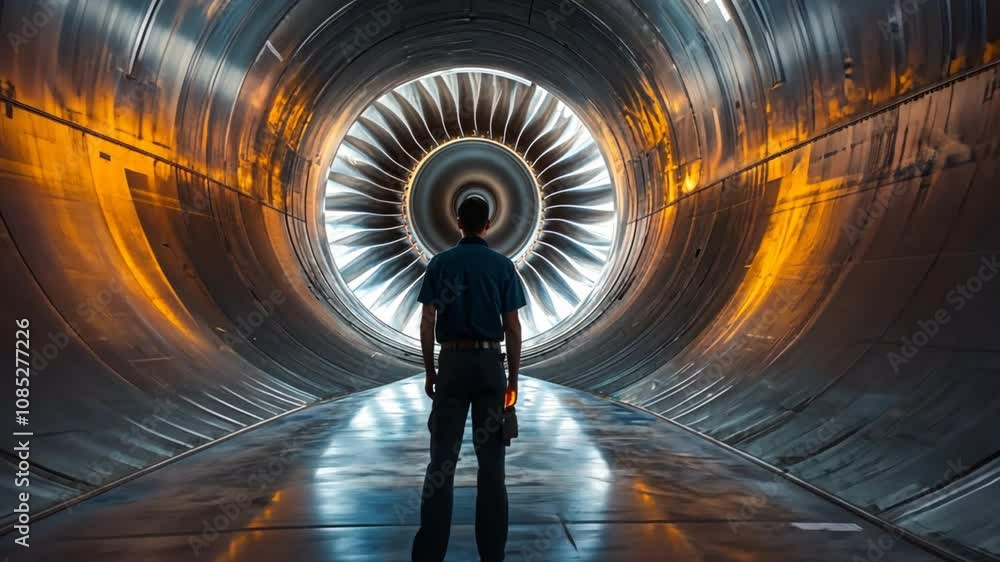 Poster a jet engine inspection with a technician using advanced diagnostic tools to ensure the engine meets