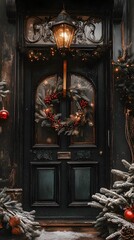 Fototapeta premium Elegant black door adorned with a festive wreath and holiday decorations.