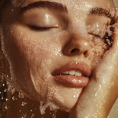 A serene close-up of a woman's face, gently illuminated and adorned with glistening water droplets, evoking a sense of freshness and beauty.