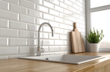 Modern Kitchen Sink Design With White Tiles And Wood Countertop