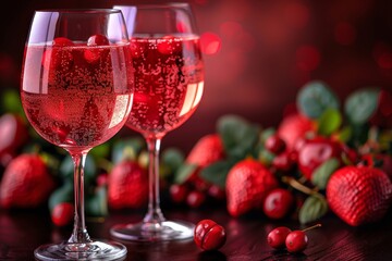 Refreshing sparkling drink featuring strawberries and cherries on a dark wooden table with festive red bokeh background