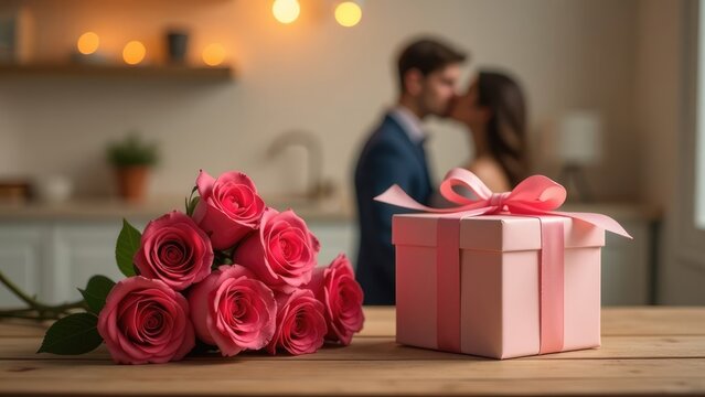 A pink gift box with a bow sits beside a bouquet of pink roses on a wooden table, with a blurred background of a couple kissing, creating a romantic Valentine's Day scene. Concept of romantic Valentin