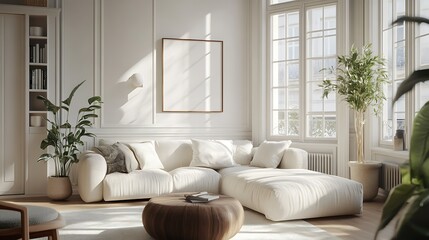 Bright, cozy living room with modern furniture and plants.