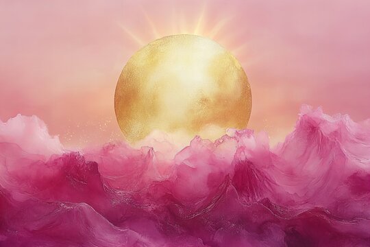 Vibrant golden sun rising over swirling pink waves, perfect for creative print design