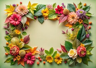 Fototapeta premium Elegant Frame of Leaves and Flowers on Soft Pastel Background for Architectural Photography, Nature-inspired Aesthetics, Floral Design, Minimalist Decor, Botanical Elements