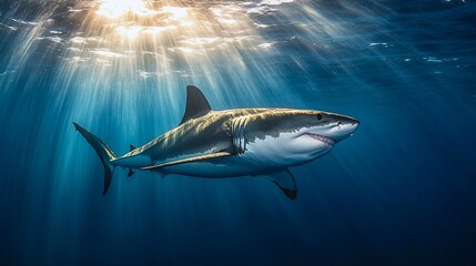Fototapeta premium Great White Shark Swimming in Deep Ocean Waters with Sunlight