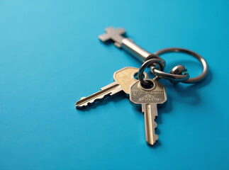 House key with metal chain on blue background, top view