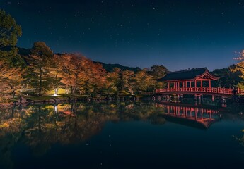 Fototapeta premium Night scene of a red bridge reflecting in a calm lake