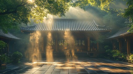 Fototapeta premium Sunbeams illuminate a tranquil Asian courtyard with traditional architecture.