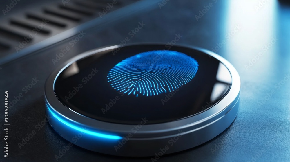 Poster a blue fingerprint is displayed on a silver surface