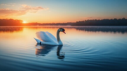 Fototapeta premium Swan Gliding on Lake at Sunset with Ripples Behind