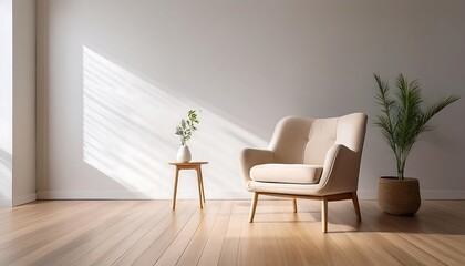  A beige chair sits comfortably in a minimalist space with white walls and wooden floors, ex_1(9)
