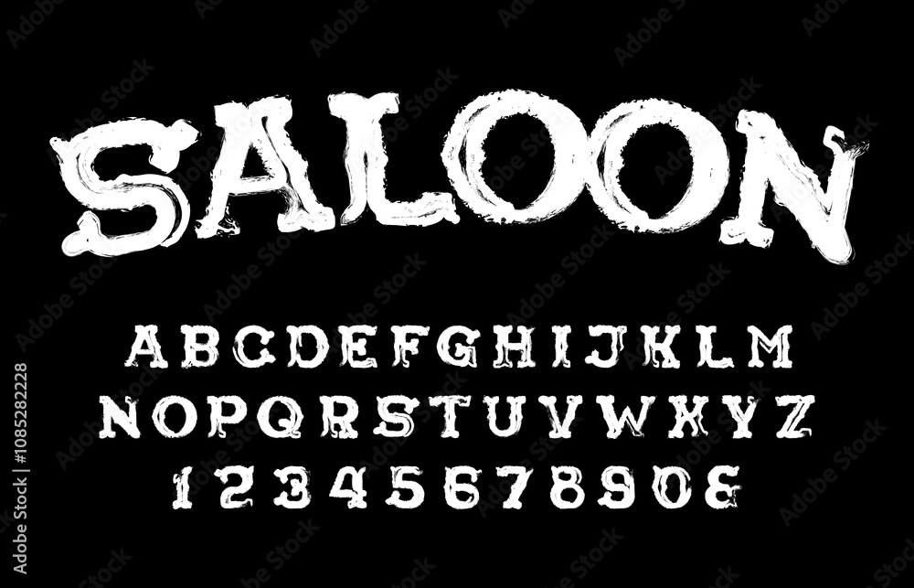 Fototapete saloon alphabet font. chalk letters and numbers in wild west style. stock vector typescript for your