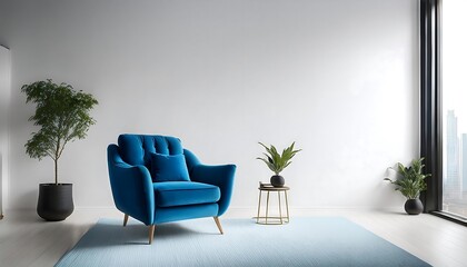  A blue velvet armchair sits in a modern studio with crisp white walls and a focus on minima_1(14)
