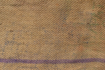Burlap Fabric Texture With Single Blue Stripe Background, Sackcloth material cloth.