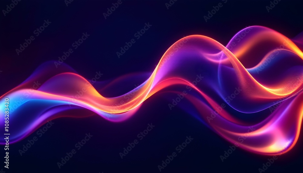 Poster a dynamic 3d rendering of an abstract fluid holographic wave in neon hues, set against a dark backdr