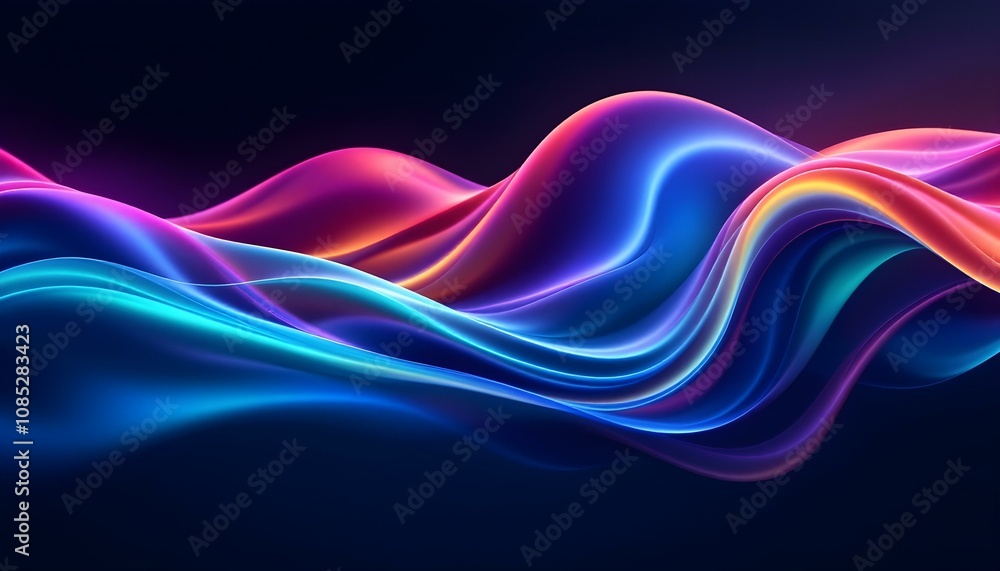 Fototapete A dynamic 3D rendering of an abstract fluid holographic wave in neon hues, set against a dark backdrop. a gradient design suitable for banners, backgrounds.  Abstract dark holographic iridescent neon 
