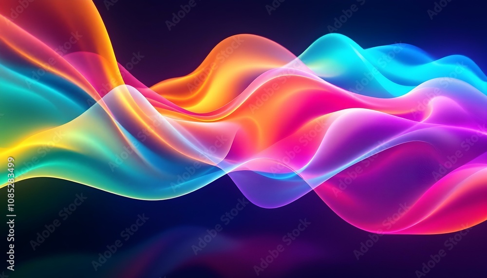 Poster a dynamic 3d rendering of an abstract fluid holographic wave in neon hues, set against a dark backdr