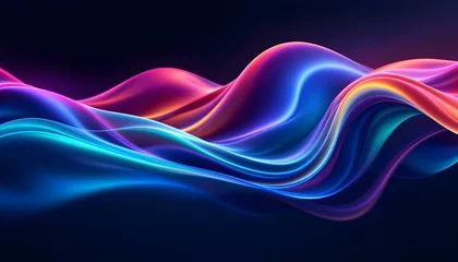  A dynamic 3D rendering of an abstract fluid holographic wave in neon hues, set against a dark backdrop. a gradient design suitable for banners, backgrounds.  Abstract dark holographic iridescent neon  © Artfinity