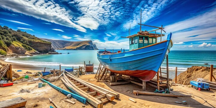 Panoramic Blue Boat Under Construction, Lebu, Chile Beach
