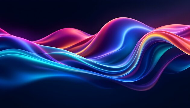 A dynamic 3D rendering of an abstract fluid holographic wave in neon hues, set against a dark backdrop. a gradient design suitable for banners, backgrounds.  Abstract dark holographic iridescent neon 