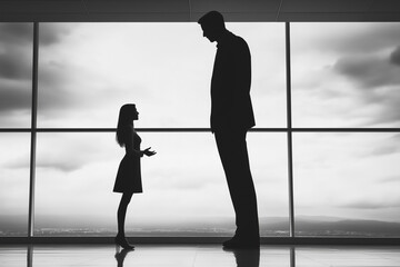 Gender gap. Silhouette photo of a man and a woman in front of each other talking, in black and white,with an intimidating mood. 